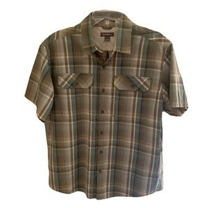Eddie Bauer Green Tan Plaid Shirt Short Sleeve
